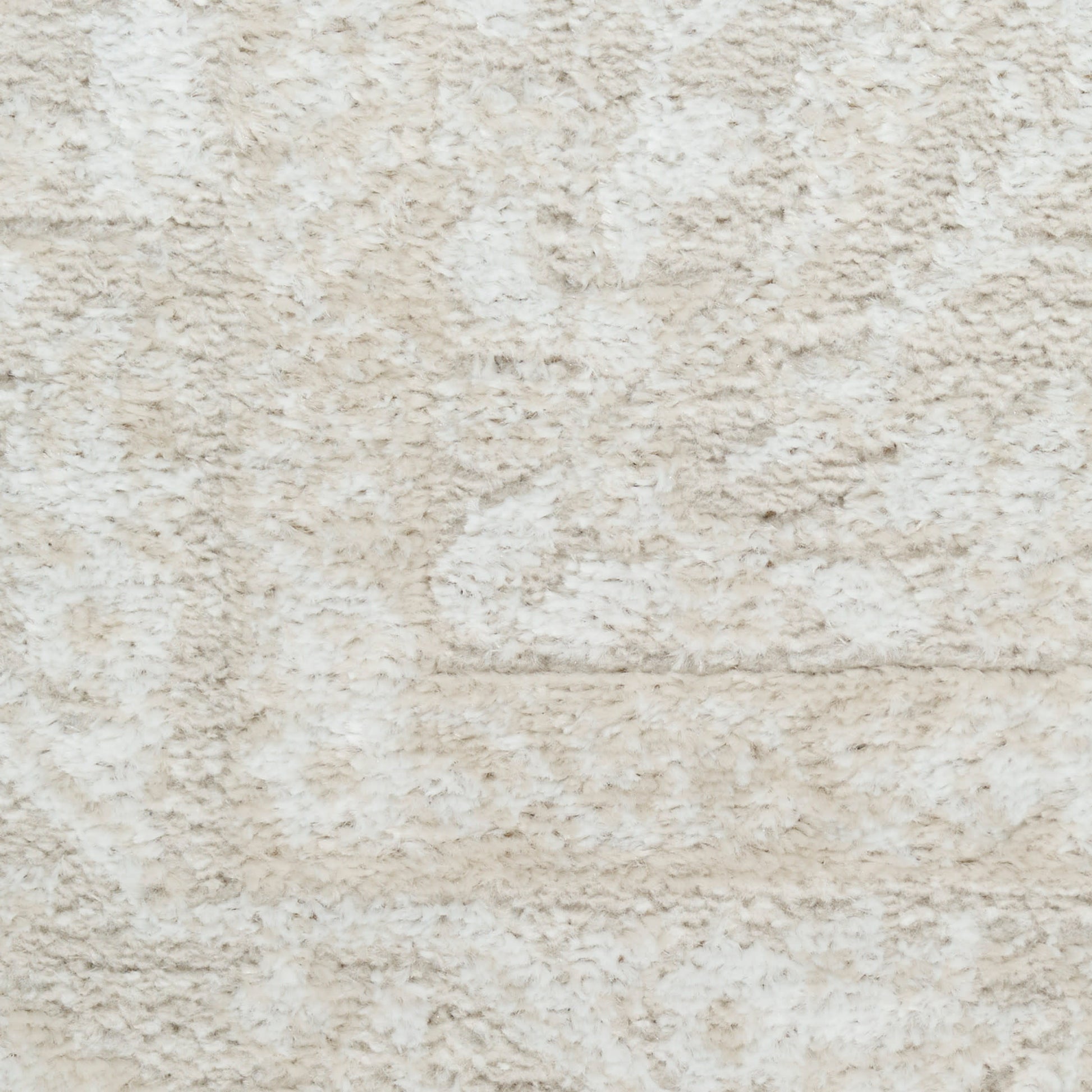 Beige shag rug close-up with soft, fluffy pile and textured pattern.