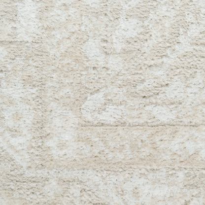 Beige shag rug close-up with soft, fluffy pile and textured pattern.