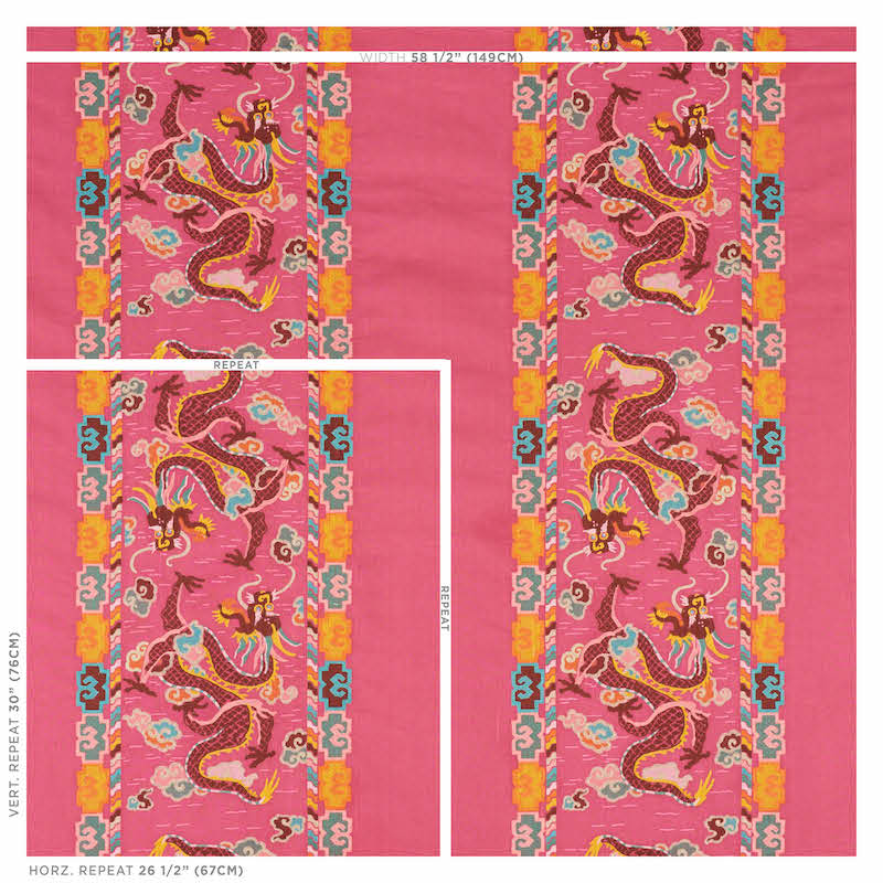 Pink silk scarf with gold dragon embroidery and bright orange-blue geometric borders; Asian-inspired decorative textile.