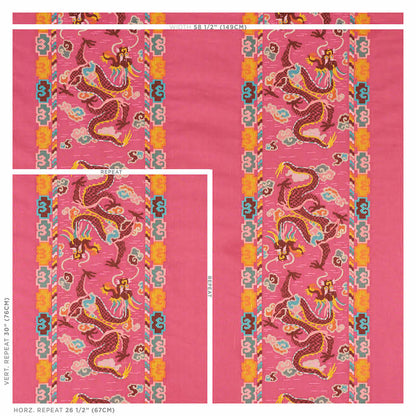 Pink silk scarf with gold dragon embroidery and bright orange-blue geometric borders; Asian-inspired decorative textile.
