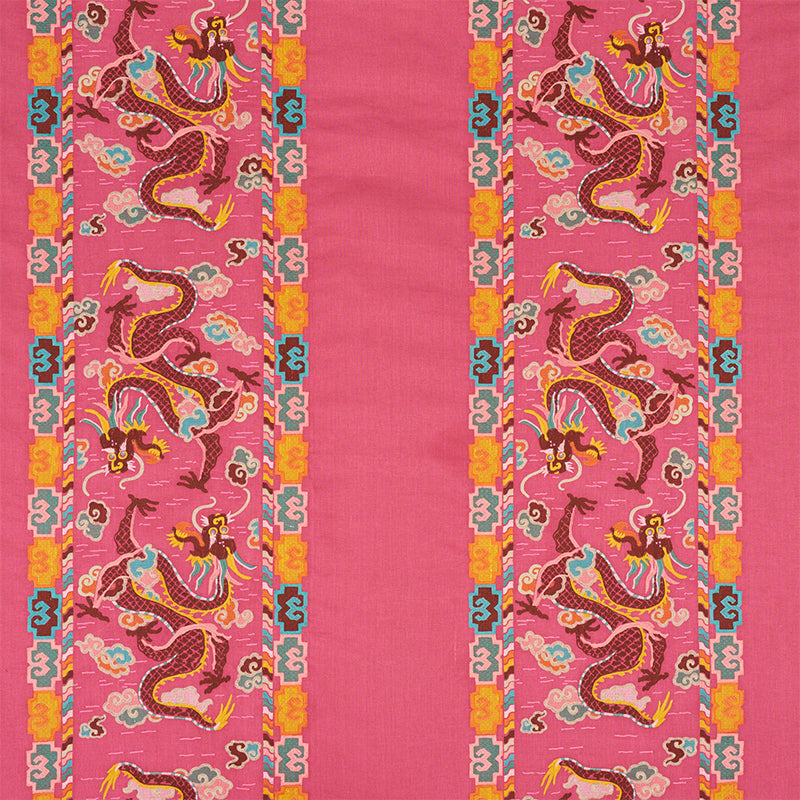 Pink textile with two ornate dragon-border columns & a plain central panel; bright turquoise, orange, & yellow accents.