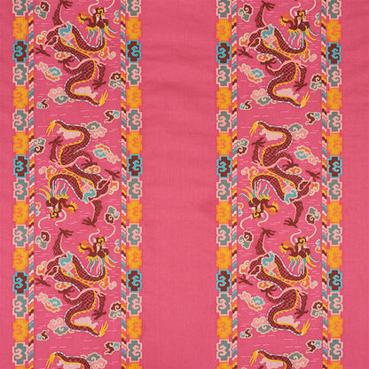 Pink textile with two ornate dragon-border columns & a plain central panel; bright turquoise, orange, & yellow accents.