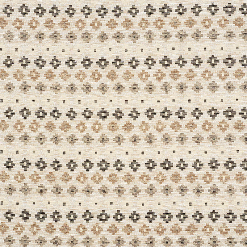 Beige woven fabric with repeating brown and taupe cross motifs in horizontal stripes.