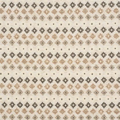 Beige woven fabric with repeating brown and taupe cross motifs in horizontal stripes.