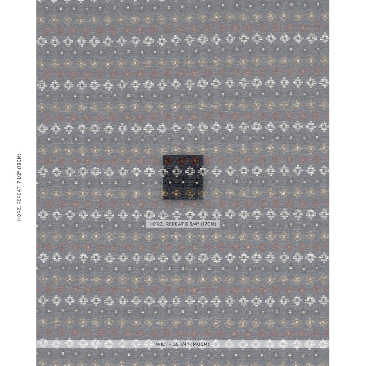 Blue-gray fabric with repeating white flower motifs in horizontal rows and subtle orange accents; center small swatch.