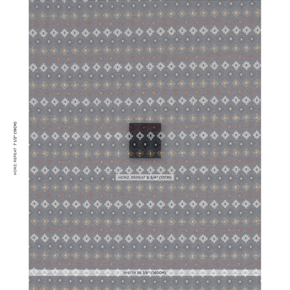 Blue-gray fabric with repeating white flower motifs in horizontal rows and subtle orange accents; center small swatch.