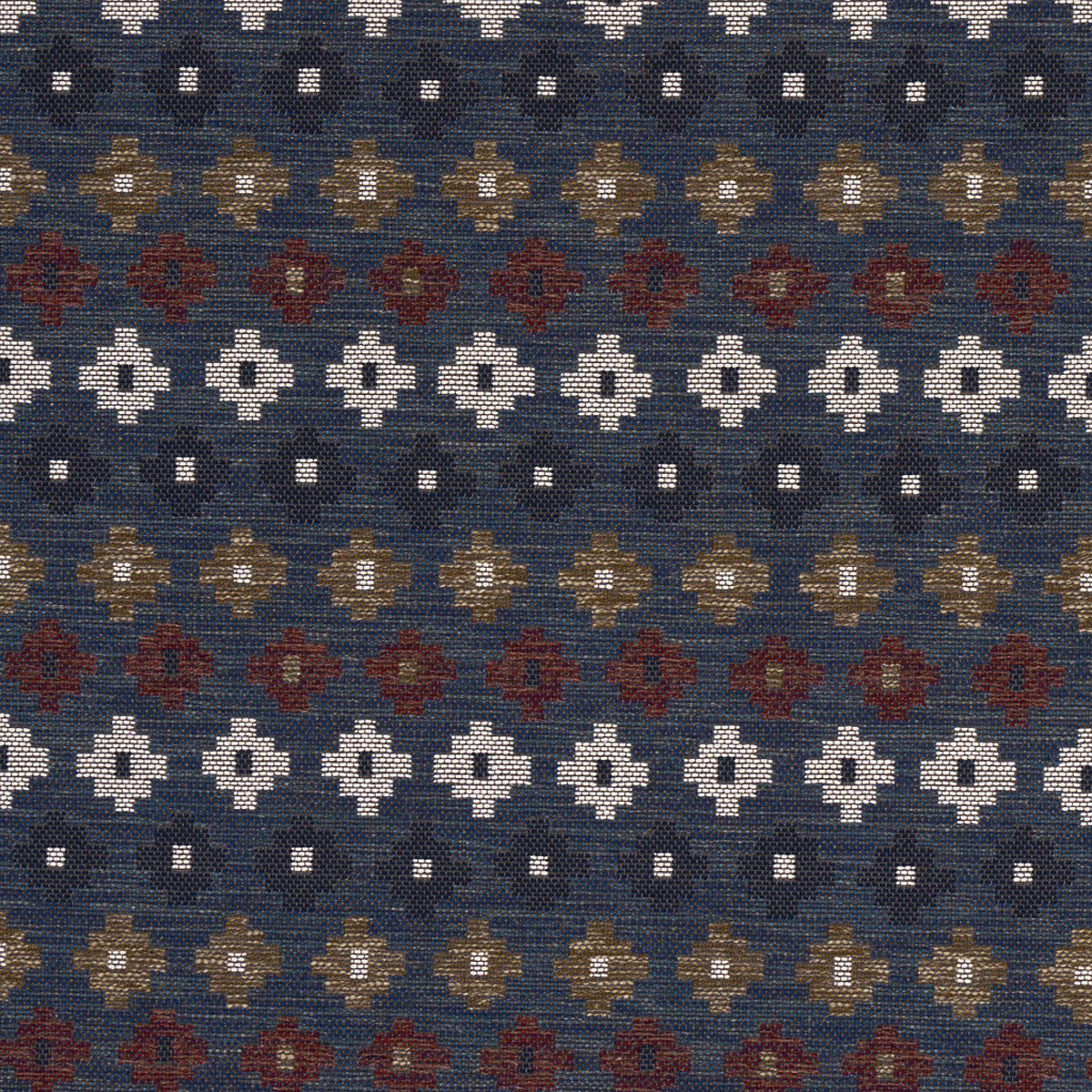 Navy blue woven textile with a repeating geometric pattern in white, tan, brown and burgundy.