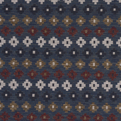 Navy blue woven textile with a repeating geometric pattern in white, tan, brown and burgundy.