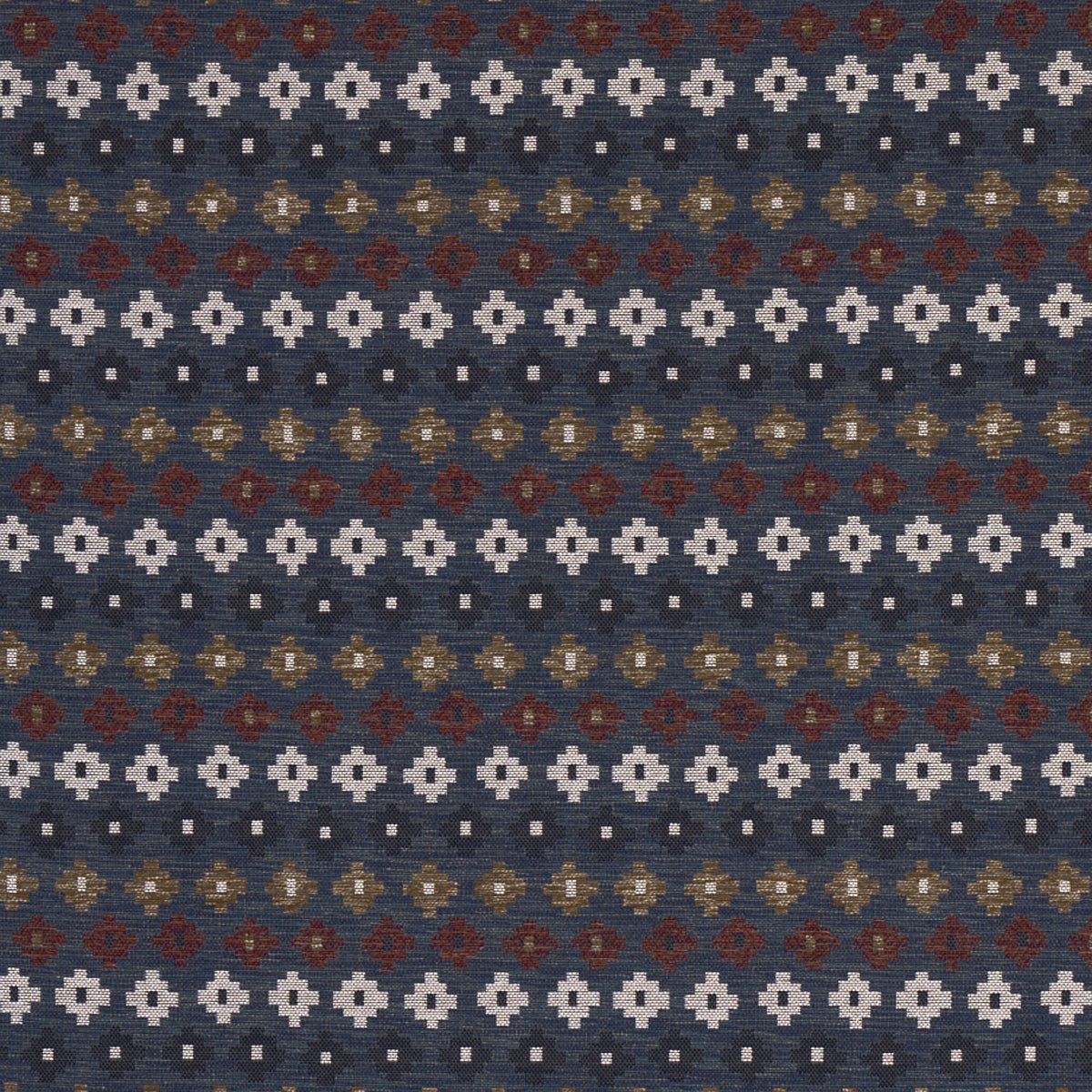 Navy blue textured woven fabric with repeating white geometric floral bands and subtle red, brown accents.