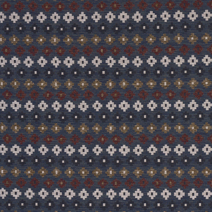Navy blue textured woven fabric with repeating white geometric floral bands and subtle red, brown accents.