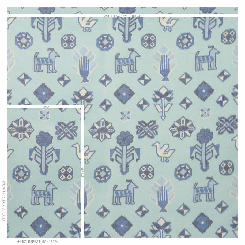 Blue warp-printed woven fabric with a repeating geometric pattern.