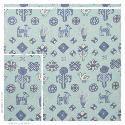 Blue warp-printed woven fabric with a repeating geometric pattern.