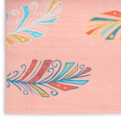 Peach pink rug with a vibrant blue, red and yellow feather motif; pink stitched edge.