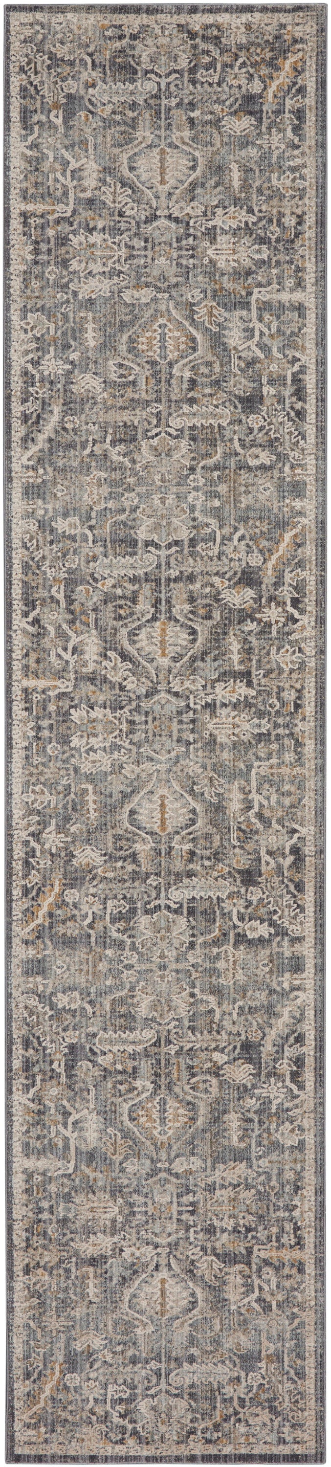Grey distressed oriental runner rug with ivory and taupe floral medallions and a bordered edge.