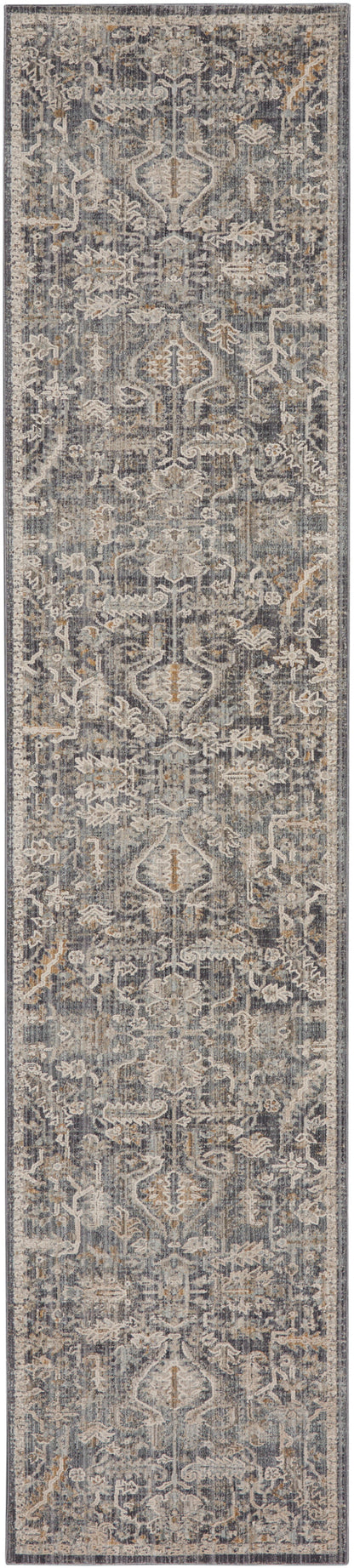 Grey distressed oriental runner rug with ivory and taupe floral medallions and a bordered edge.