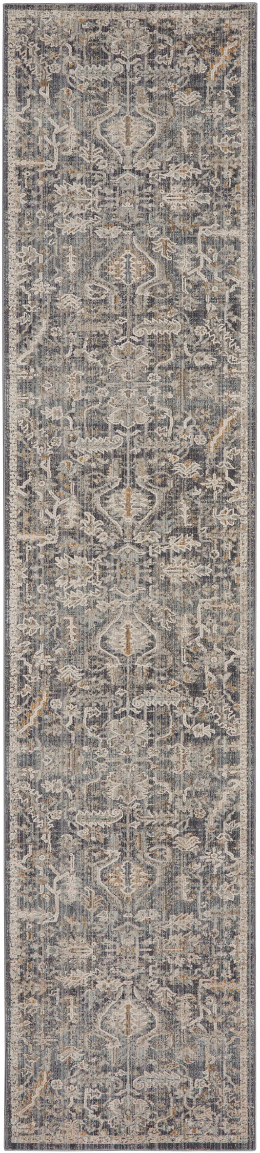 Grey distressed oriental runner rug with ivory and taupe floral medallions and a bordered edge.