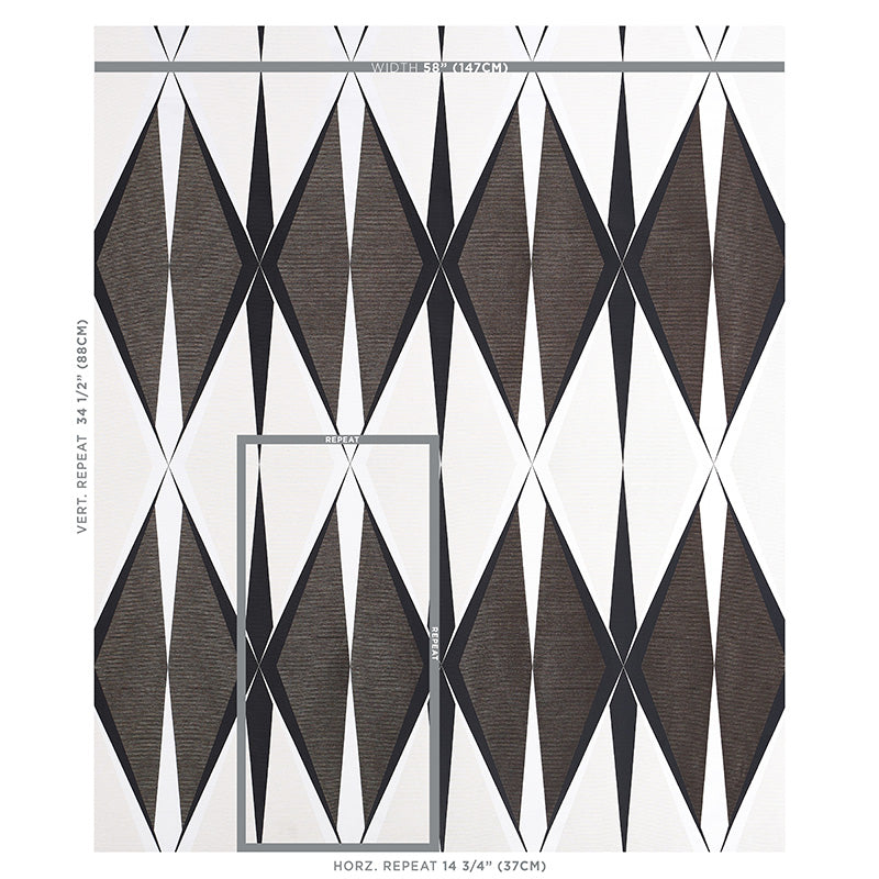 Geometric diamond lattice wallpaper in dark brown and black on a pale background; modern retro wall decor.