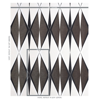 Geometric diamond lattice wallpaper in dark brown and black on a pale background; modern retro wall decor.