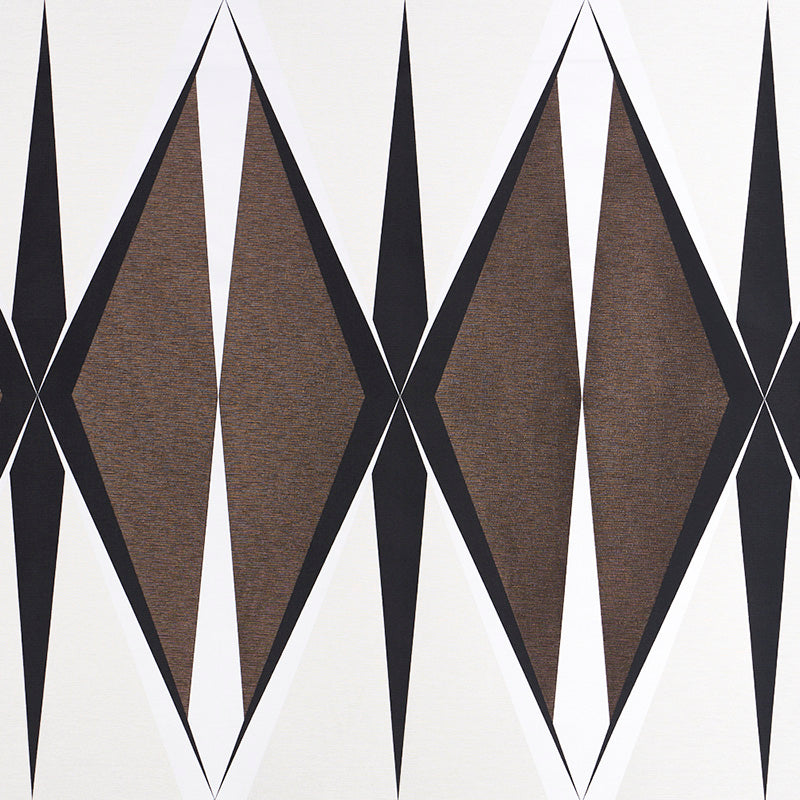 Geometric harlequin pattern with brown diamonds outlined in black on white background, woven textile.