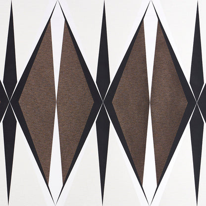 Geometric harlequin pattern with brown diamonds outlined in black on white background, woven textile.
