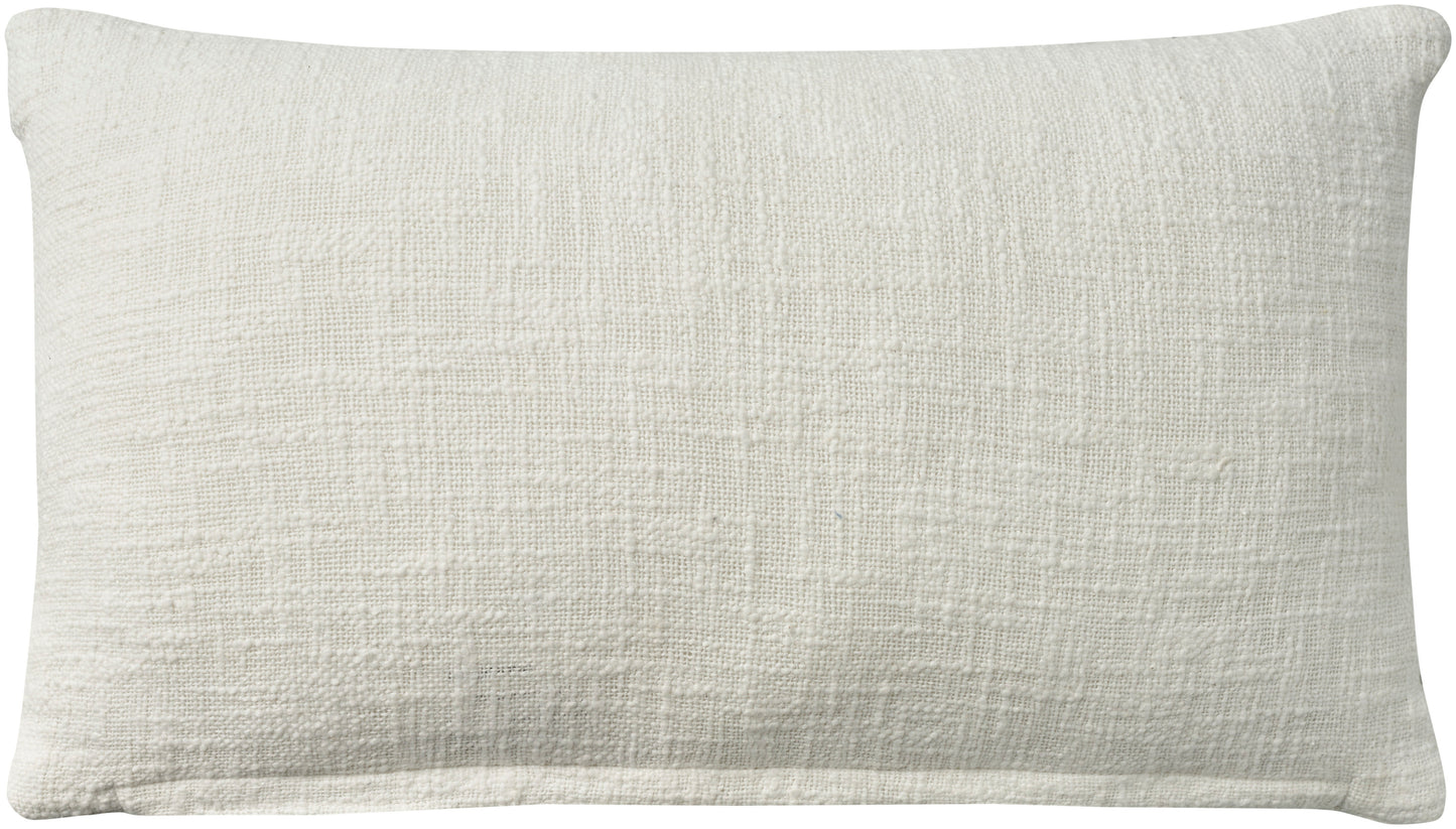 Rectangular cream linen-textured throw pillow, soft neutral cushion for sofa or bed.
