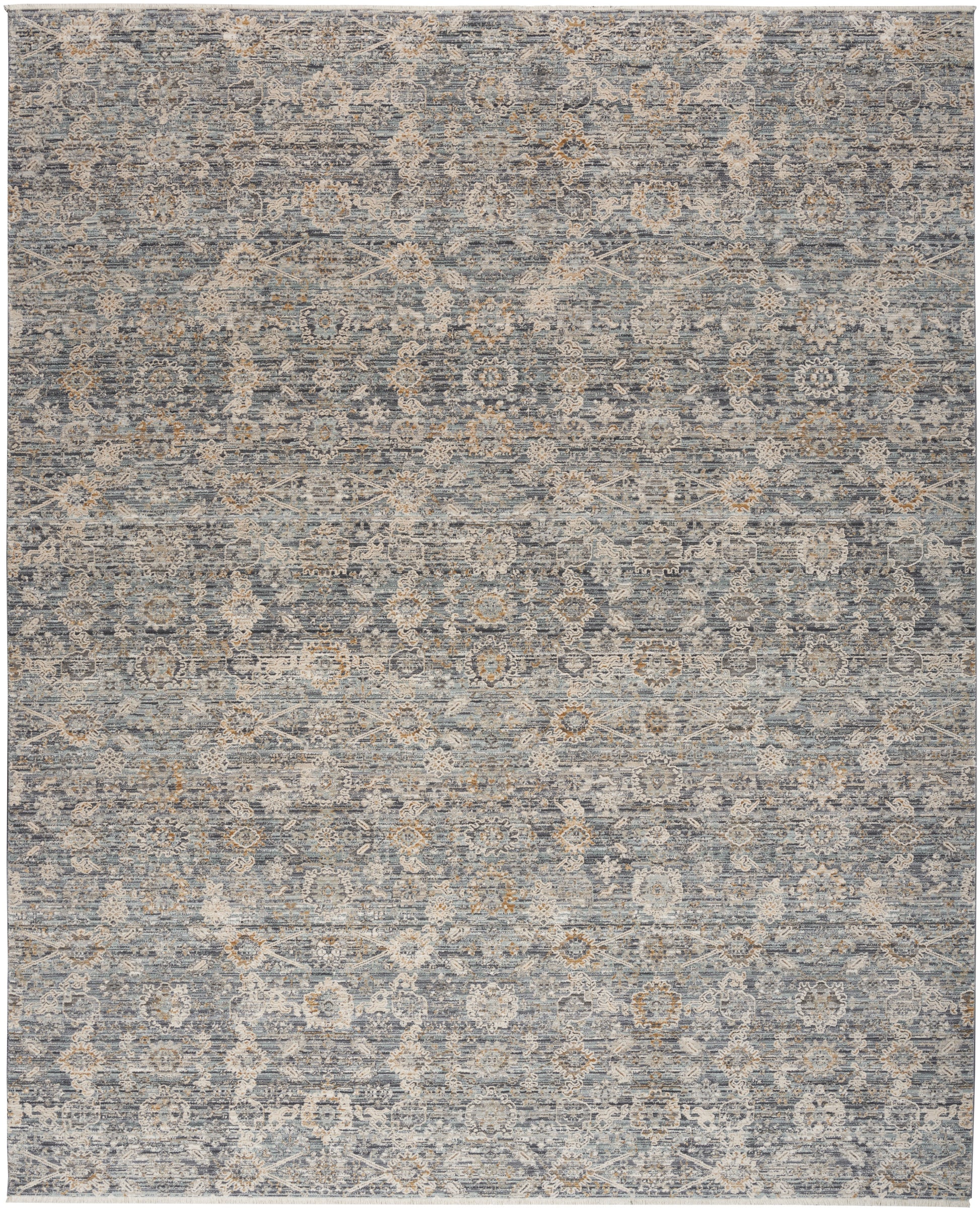 Blue-gray distressed-pattern rug with beige ivory medallion motifs; rectangular woven living-room rug.