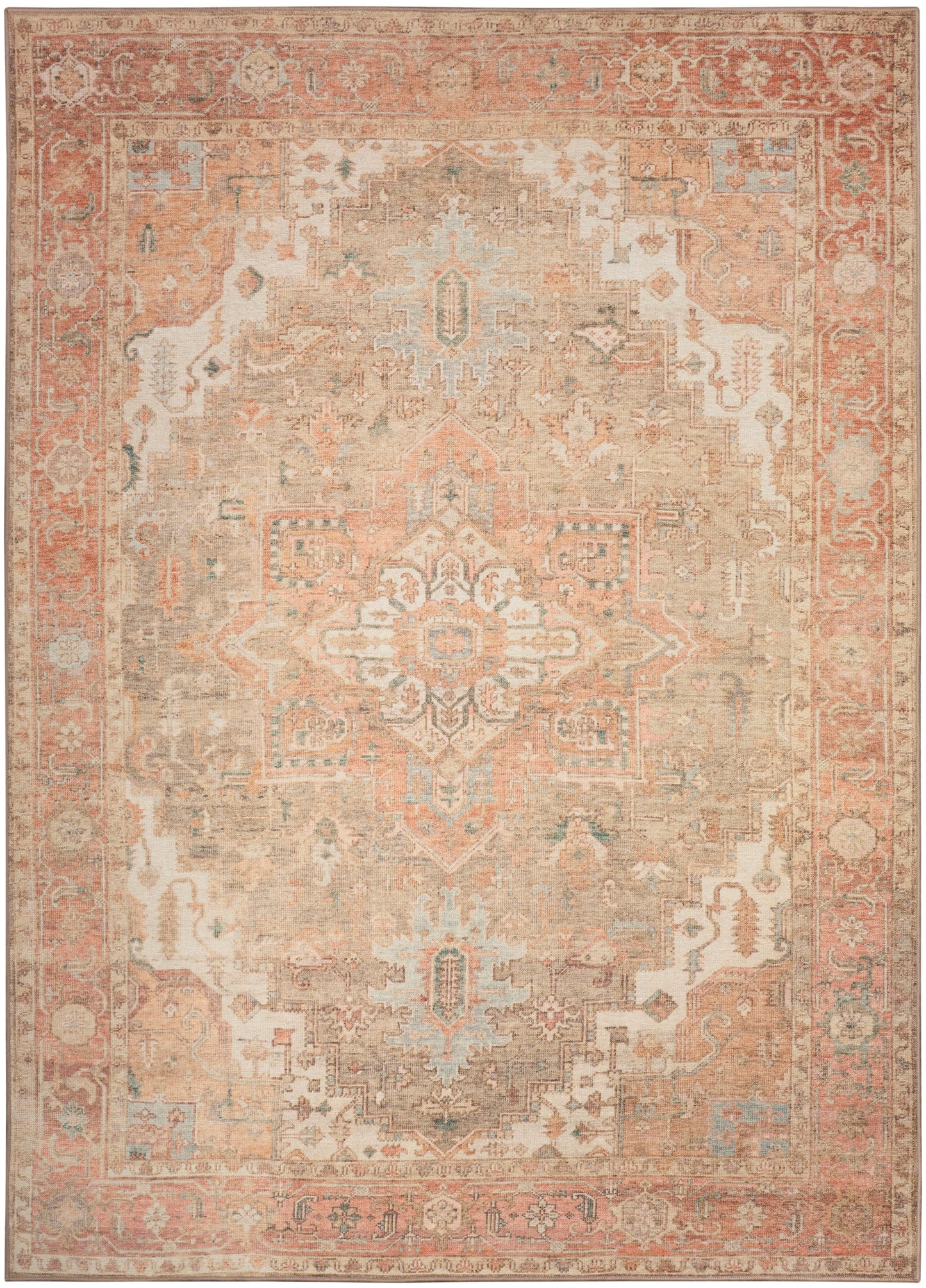 Distressed peach, ivory, and teal oriental rug with central medallion and ornate border; rectangular home decor rug.