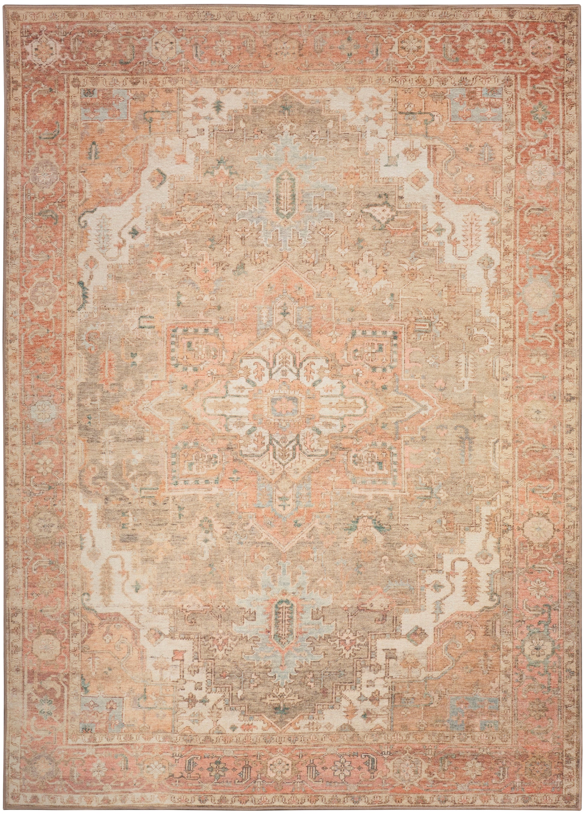 Distressed peach, ivory, and teal oriental rug with central medallion and ornate border; rectangular home decor rug.