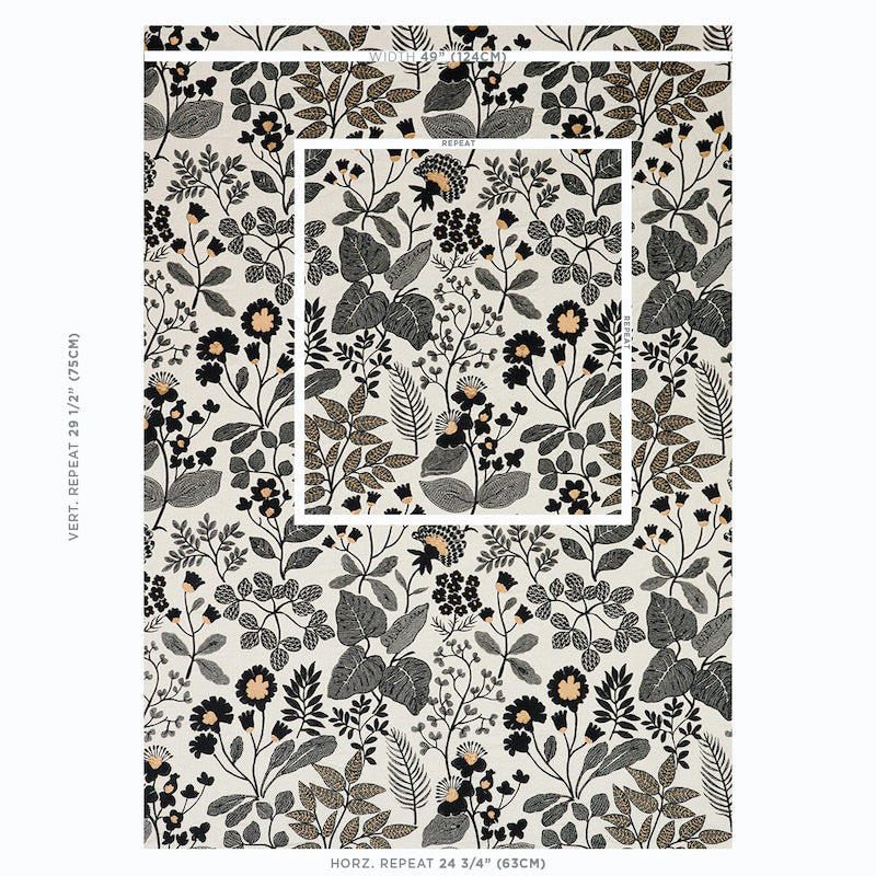 Black botanical embroidery fabric swatch with a vintage-inspired print.