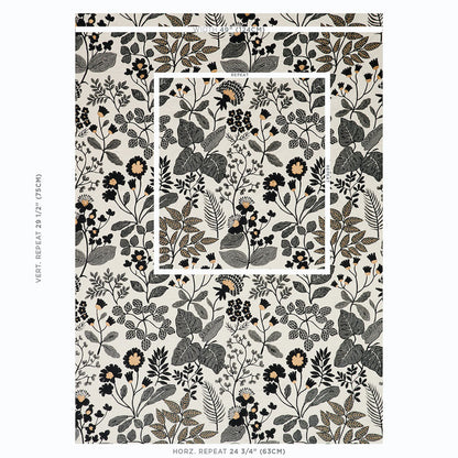 Black botanical embroidery fabric swatch with a vintage-inspired print.