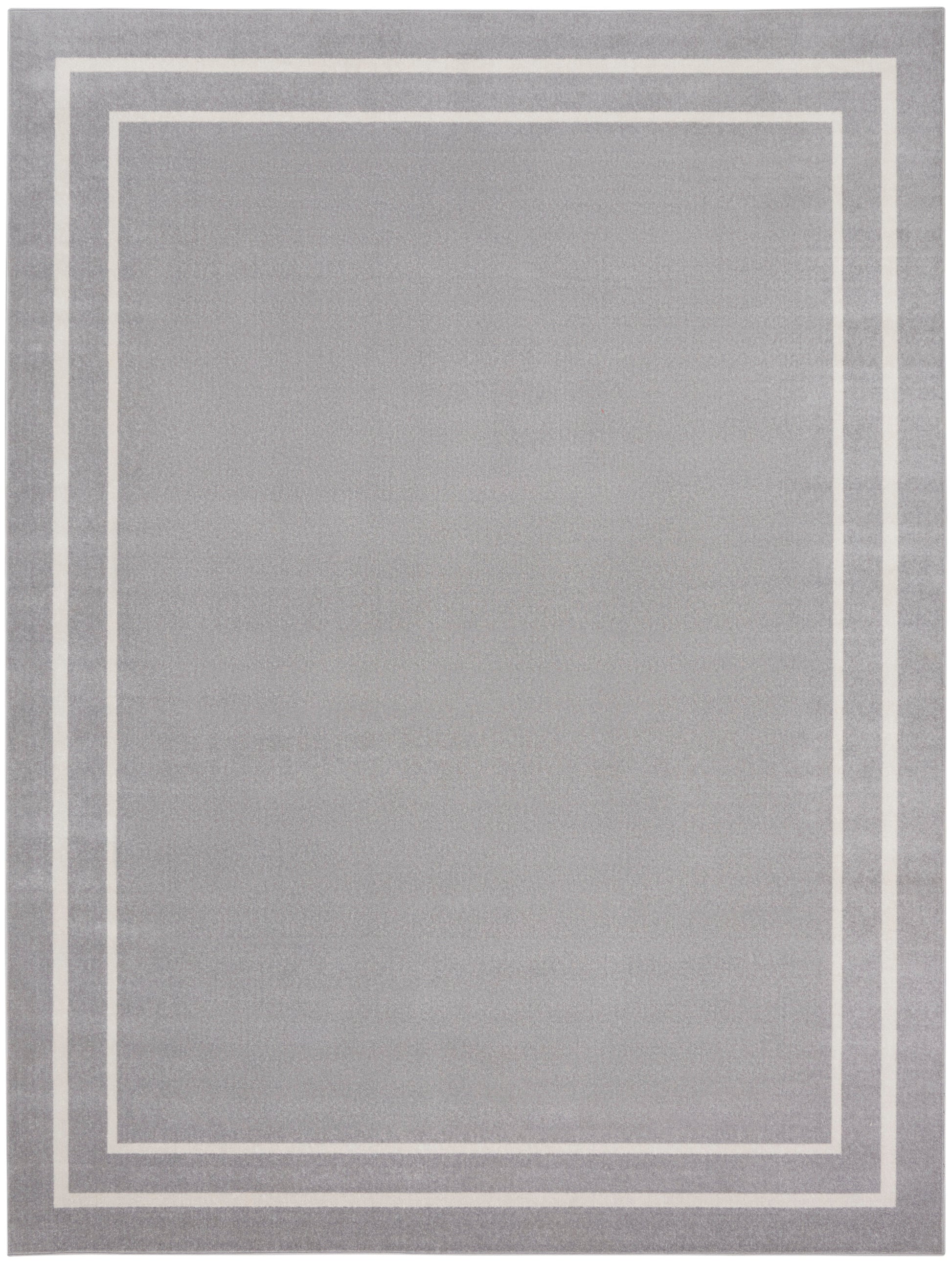 Light gray area rug with white nested rectangular borders in a modern geometric frame design.