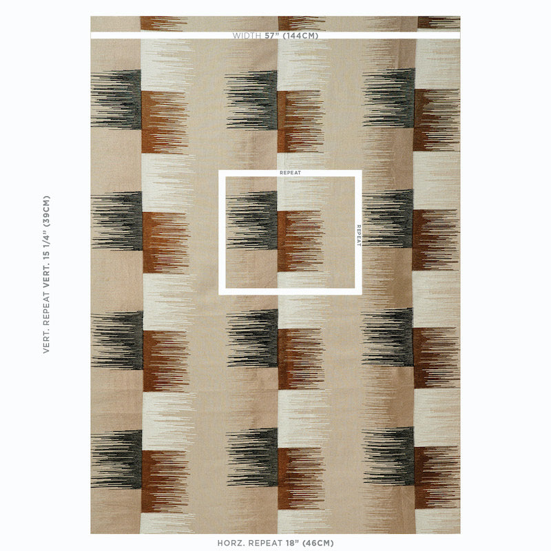 Rectangular beige rug featuring abstract vertical brushstroke blocks in black and rust; modern geometric pattern.