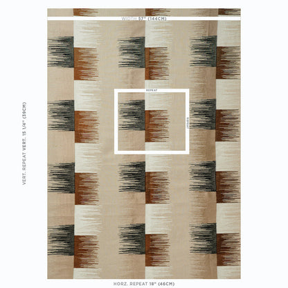 Rectangular beige rug featuring abstract vertical brushstroke blocks in black and rust; modern geometric pattern.