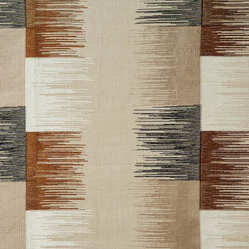 Modern geometric rug with vertical brushstroke blocks in beige, tan, rust, white and charcoal; woven for living rooms.