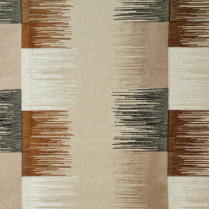 Modern geometric rug with vertical brushstroke blocks in beige, tan, rust, white and charcoal; woven for living rooms.