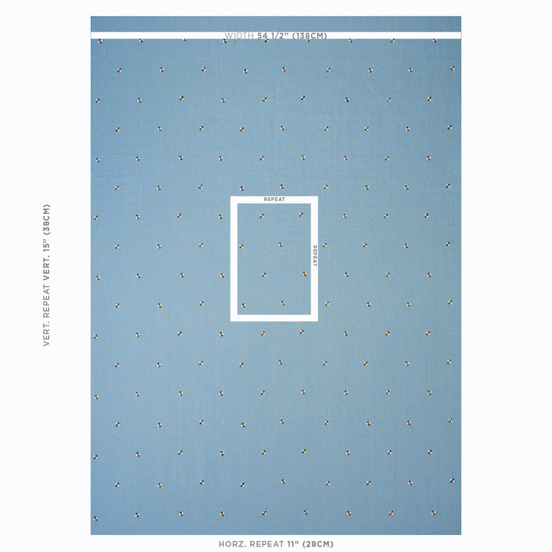 Sky blue fabric with honey bee embroidery; subtle repeated bee motifs.