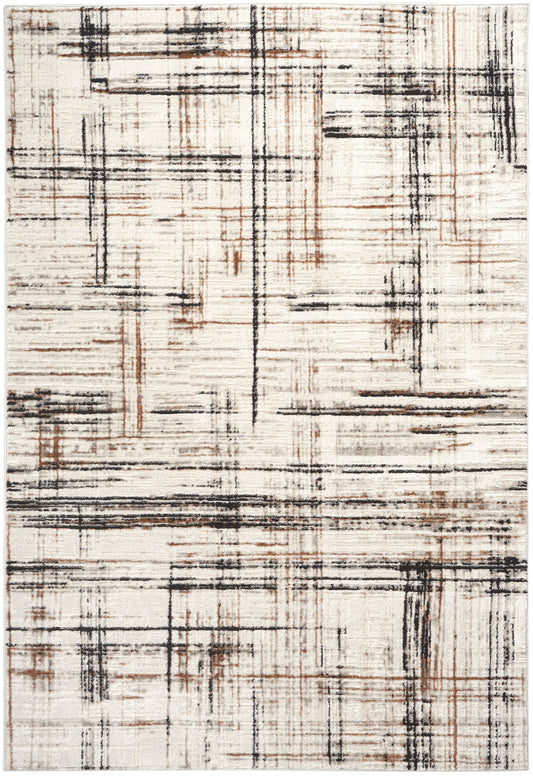 Abstract geometric rug with cream/ivory background and black and rust-brown linear crosshatch pattern; modern area rug.