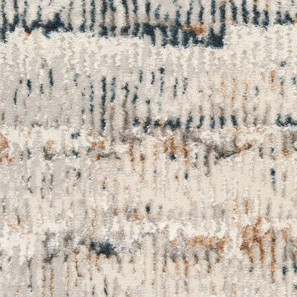 Soft beige shag rug with abstract blue and rust streaks; plush, textured pile.