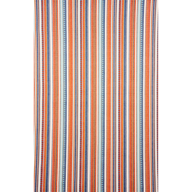 Vertical blue and orange striped fabric with geometric chevron accents.