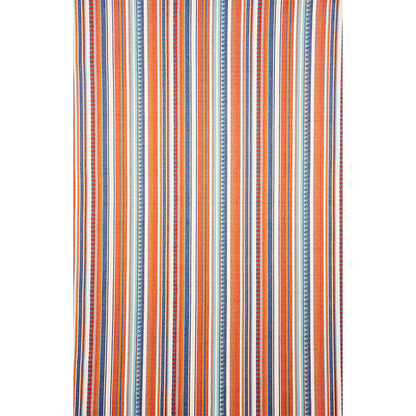 Vertical blue and orange striped fabric with geometric chevron accents.