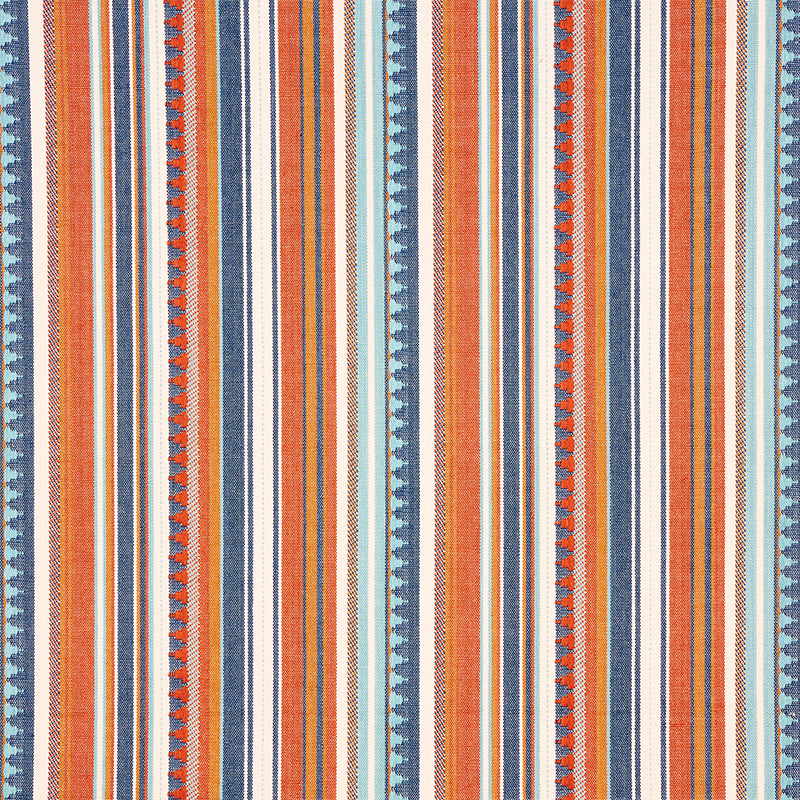 Vertical striped woven fabric in orange, navy blue, turquoise and white with small geometric accents; bold Boho textile.