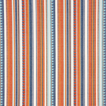 Vertical striped woven fabric in orange, navy blue, turquoise and white with small geometric accents; bold Boho textile.