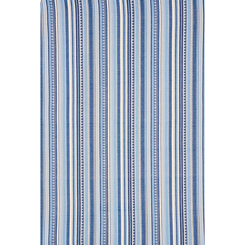 Blue striped cotton fabric with light and dark blue vertical stripes and small geometric accents.