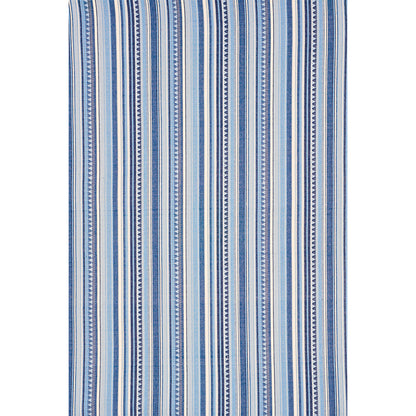 Blue striped cotton fabric with light and dark blue vertical stripes and small geometric accents.