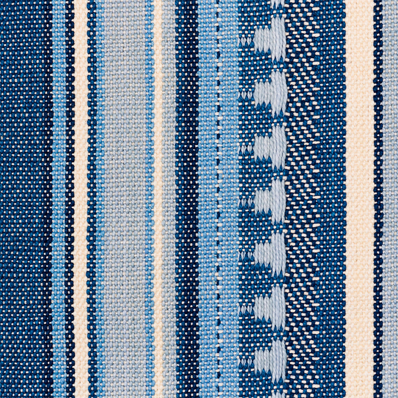 Blue striped woven fabric with navy, sky blue and cream stripes; textured dotted and leaf-like pattern for upholstery.