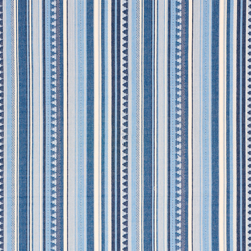 Blue striped woven fabric with light, medium and dark blue stripes and white accents.