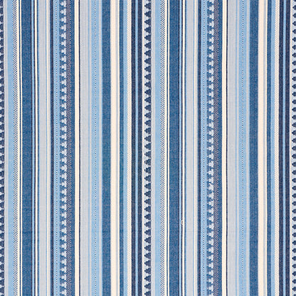 Blue striped woven fabric with light, medium and dark blue stripes and white accents.
