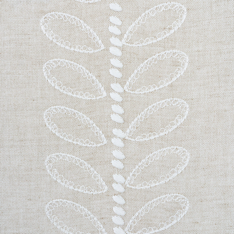 Beige linen fabric with white embroidered vertical leaf motif; repeating oval leaves along a central stem.