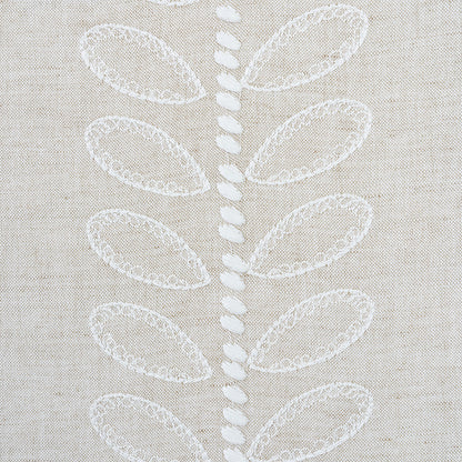 Beige linen fabric with white embroidered vertical leaf motif; repeating oval leaves along a central stem.