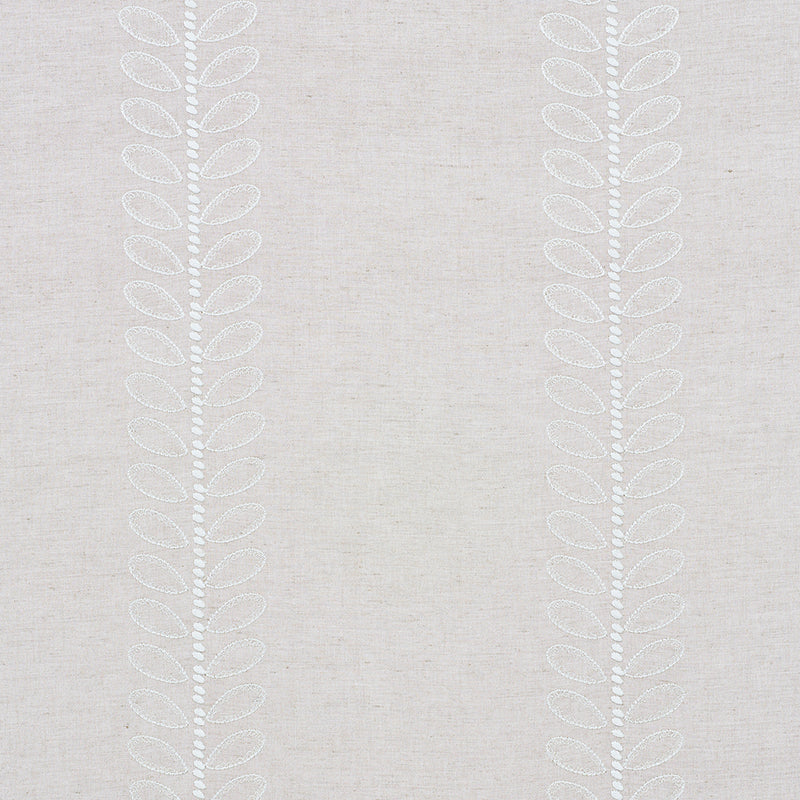 Beige linen fabric with white embroidered vertical vine and leaf motif pattern.